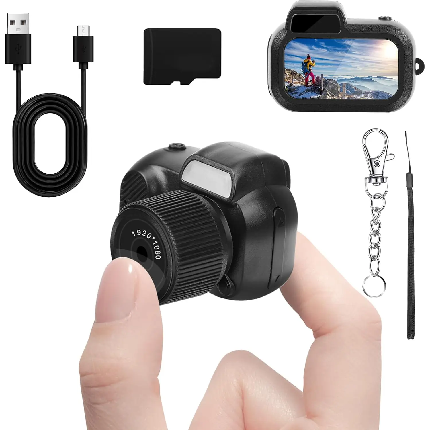 Y3000 HD Mini Keyring Digicam - Compact Point & Shoot Camera with Cartoon Vintage Micro Design, 8GB Micro SD Card, Retro Snapshot Resolution, 6 Built-In Filters, 0.96-In Mini HD Display, Batteries Included, Ideal for Teens & Travel, Recording, Charging, G