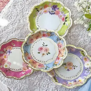Kate Aspen Updated Vintage Floral Tea Party 7 in. Premium Decorative Paper Plates | Baby Shower or Bridal Shower Party Supplies - Party Plates in Assorted Colors with Gold Foil (Set of 16), …