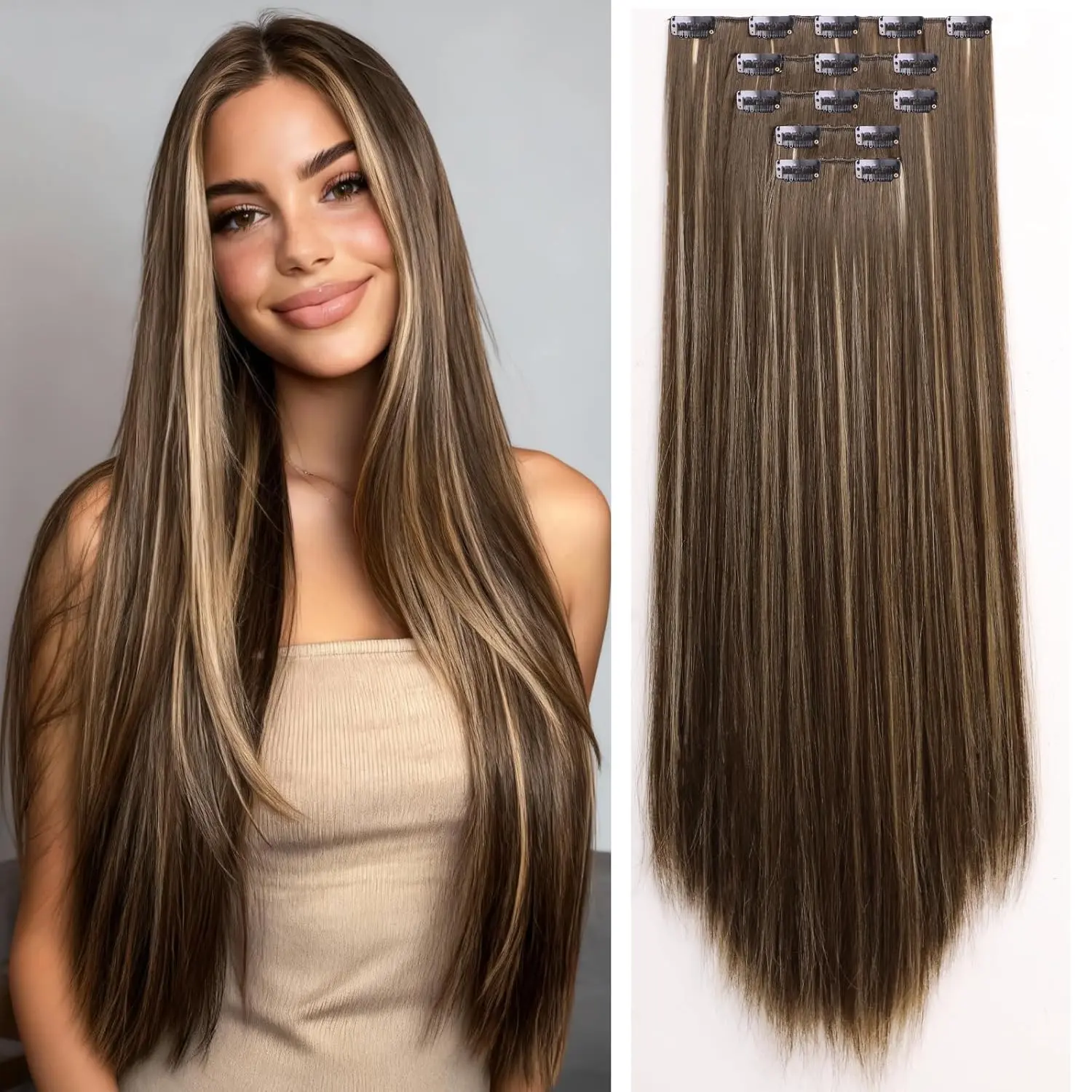 Clip in Hair Extensions 24 Inch Hair Extensions Clip ins Thick and Soft Synthetic Hair Clip in Extensions for Long Hair 6 Pieces 170g/6oz