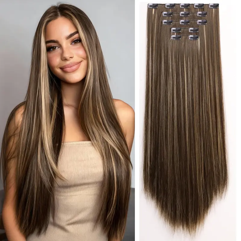 Women's 24-Inch Silky Straight Clip-in Hair Extensions, 6-Piece 170g/6oz Thick & Soft Synthetic Fiber Hairpieces, Vegan Bohemian Accessory That Adds Volume and Fullness