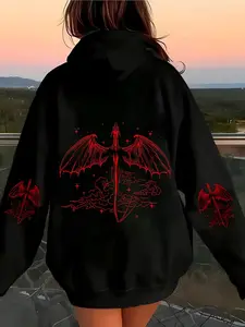 Dark Cool Style Dragon Hoodie for Women, Fall & Winter Streetwear Casual Fitted Top, Animal Print, Knit Plain Fabric, Moderate Thickness, Womenswear Sweatshirts