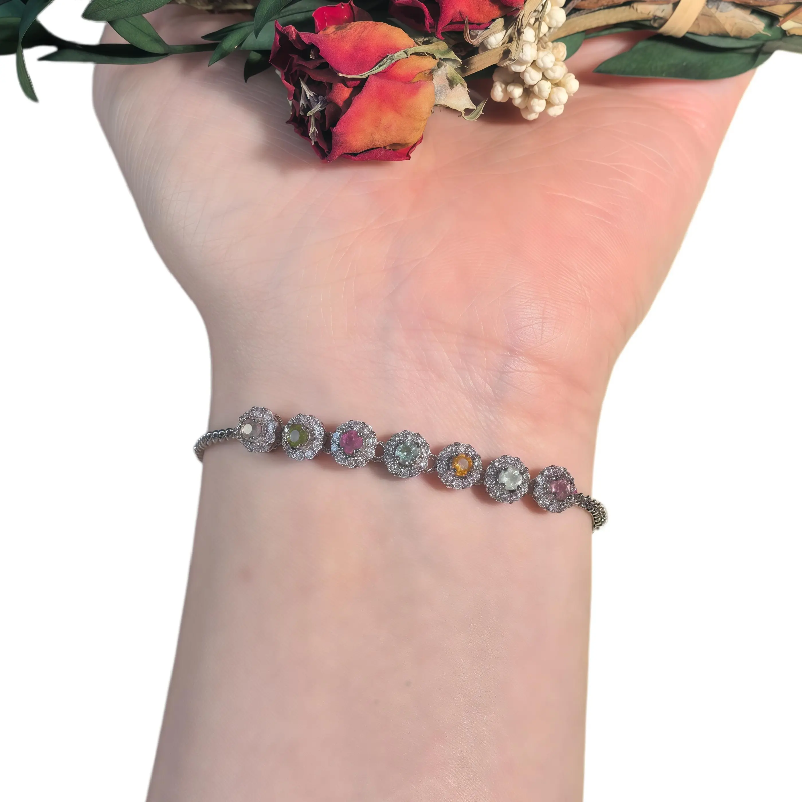 001-W Colorful Bracelet - Silver-Tone Chain, Layered Wear Design, Stones Set Costume Jewelry Accessory, Casual/Formal, Multicolor, Playful Chic, Unisex