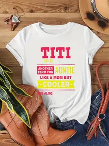 Fun and Unique Black Tee Featuring 'TITI' in Bright Pink Text with 'TI - TI - NOUN' in Yellow Playful Design with 'ANOTHER TERM for AUNTIE' in Yellow and 'LIKE A MOM BUT COOLER' on a Star-Outli1 Three Color Women's Clothing