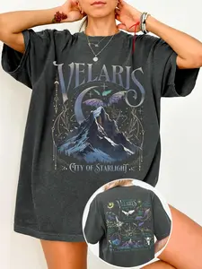 Women's Dragon & Moon Graphic Print Round Neck Fitted Knit Tee, Casual Starry Night Short Sleeve T-shirt for Summer, Ladies Clothes for Daily Wear, Top