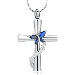 Butterfly Cross Urn Necklace for Ashes Birthstone Cremation  for Men Women Ashes Pendant Keepsake Memorial Ash