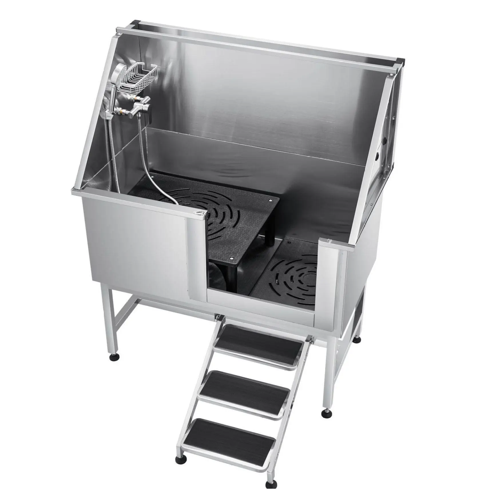 Dog Washing Station 50 Inch Stainless Steel Pet Grooming Tub with Stairs,  & Cold Shower, Right Door - Fits Medium Large Dogs Stairs/Right