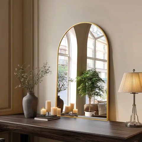 Arched Anti-Fog Bathroom Mirror, 30x20 / 35x24 / 37x26 Inch Options, Rustproof Aluminum Frame, HD Explosion-Proof Glass, Elegant Wall Mirror for Entryway, Living Room, Cafe (Golden/Black) | #HomeDecor
