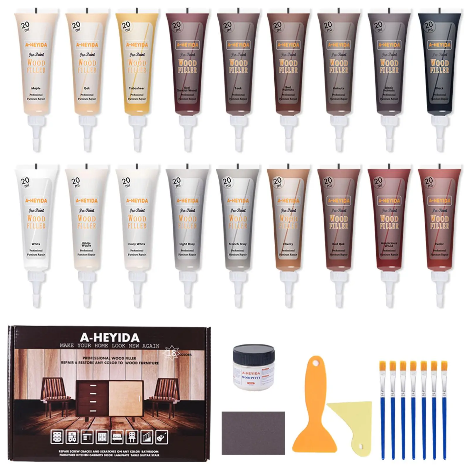A-HEYIDA Wood Furniture Repair Kit , Filler with Wood Putty Cabinet Touch Up Kit, Cover Scratches, Stains, Cracks, Holes, Durable Resin Color Matching