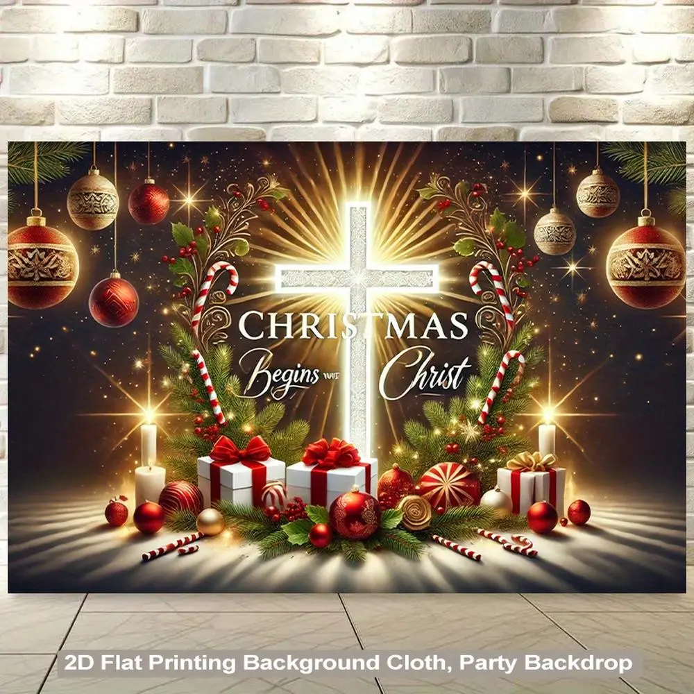 1pc Soft Durable 2D Flat Banner, Christmas Decorations with Golden-Red Backdrop, Hangable Church Wall Decor, Golden Cross Wreath, Glowing "Christmas Begins with Christ" Lettering, Lights