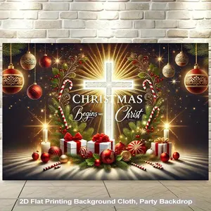 1pc 2D Flat Elegant Golden & Red Christmas Backdrop Banner with Golden Cross & Wreath Design - Glowing Lettering "Christmas Begins with Christ" - Wall Hanging for Church, Home, Office, Party White