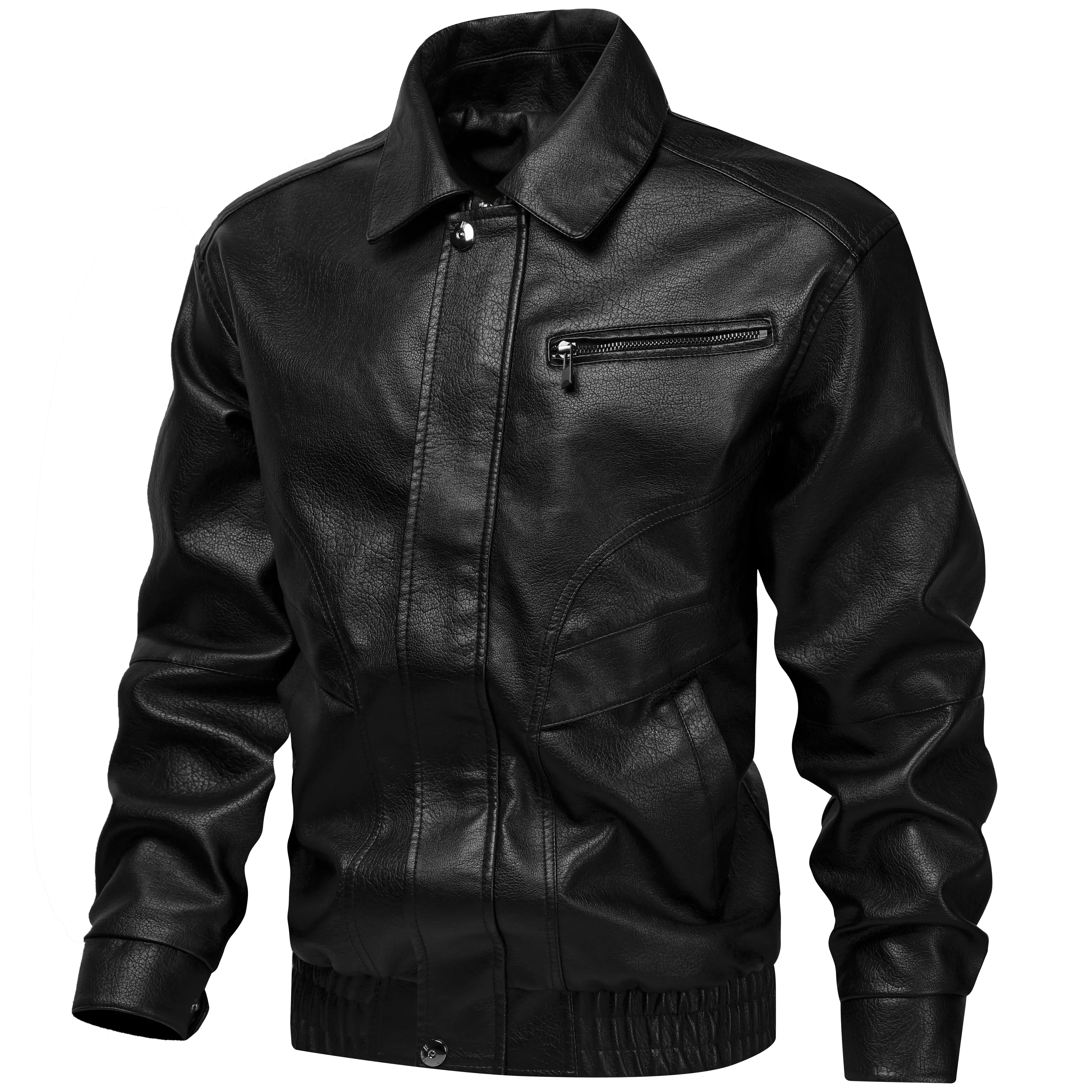 Men's Collared Faux Leather Zip-Up Bomber Jacket - 100% Polyester, Zip & Button Closure, Chest Zipper Pocket, Ribbed Hem, Vintage Moto PU Coat, Casual Fall Winter Outerwear, Zip-Up Bomber Men's Real & Faux Leather Jackets