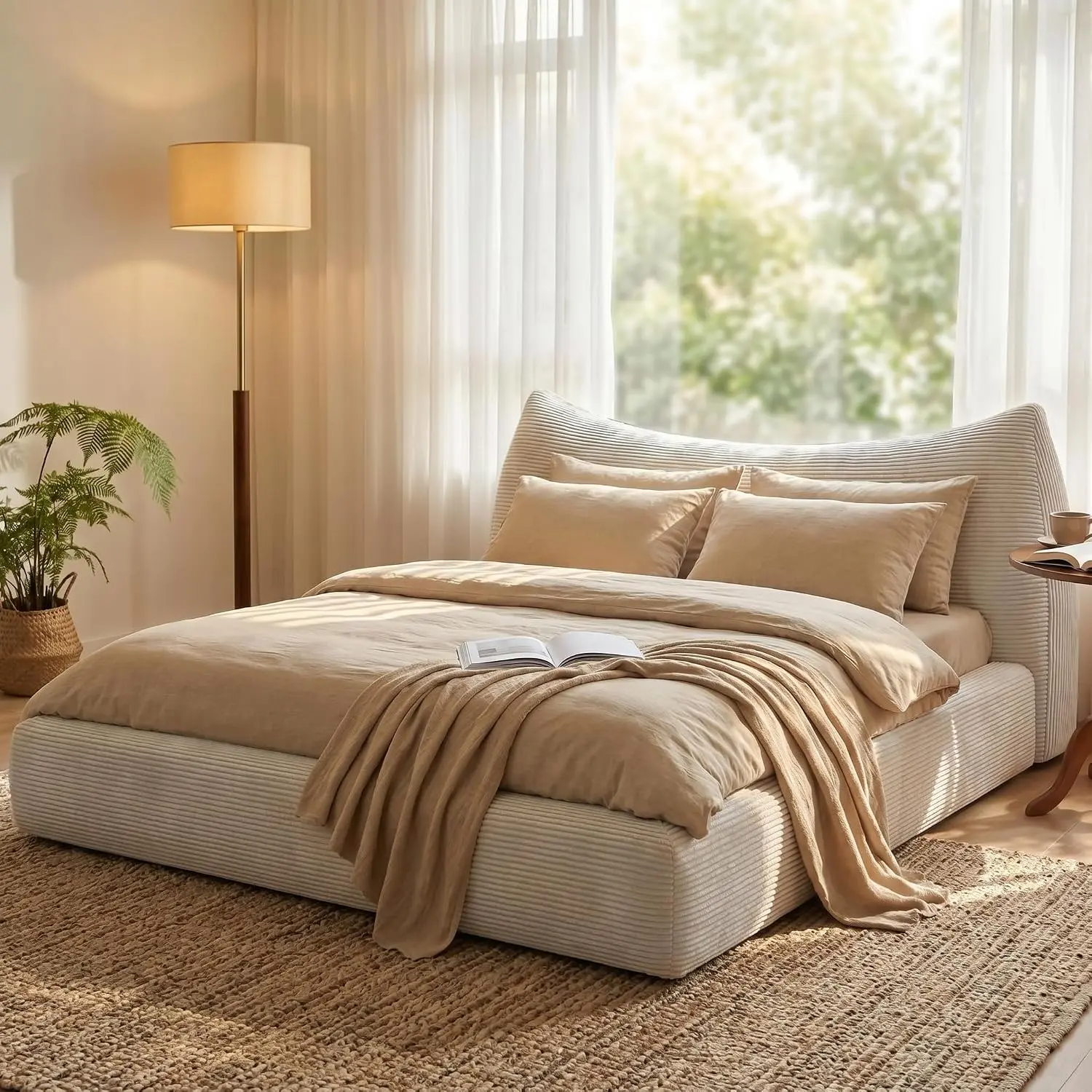 Raybee Cloud Bed Frame Queen Size, 360° Cushioned Upholstered Bed | 9.4" Thick Headboard, Cat-Ear Design, 15-Min Easy Assembly, Easy-Clean Corduroy, 882 LBS, Noise-Fee, Beige