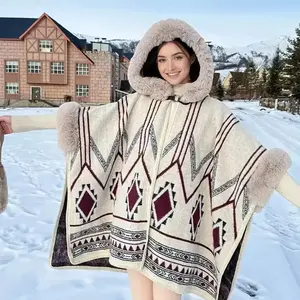 1 piece of vintage exotic ethnic style hooded shawl with off-white as the base color, paired with dark-toned geometric patterns and plush decoration, exquisite and warm. Suitable for scenarios: artistic performances, winter strolls in ancient towns, suita