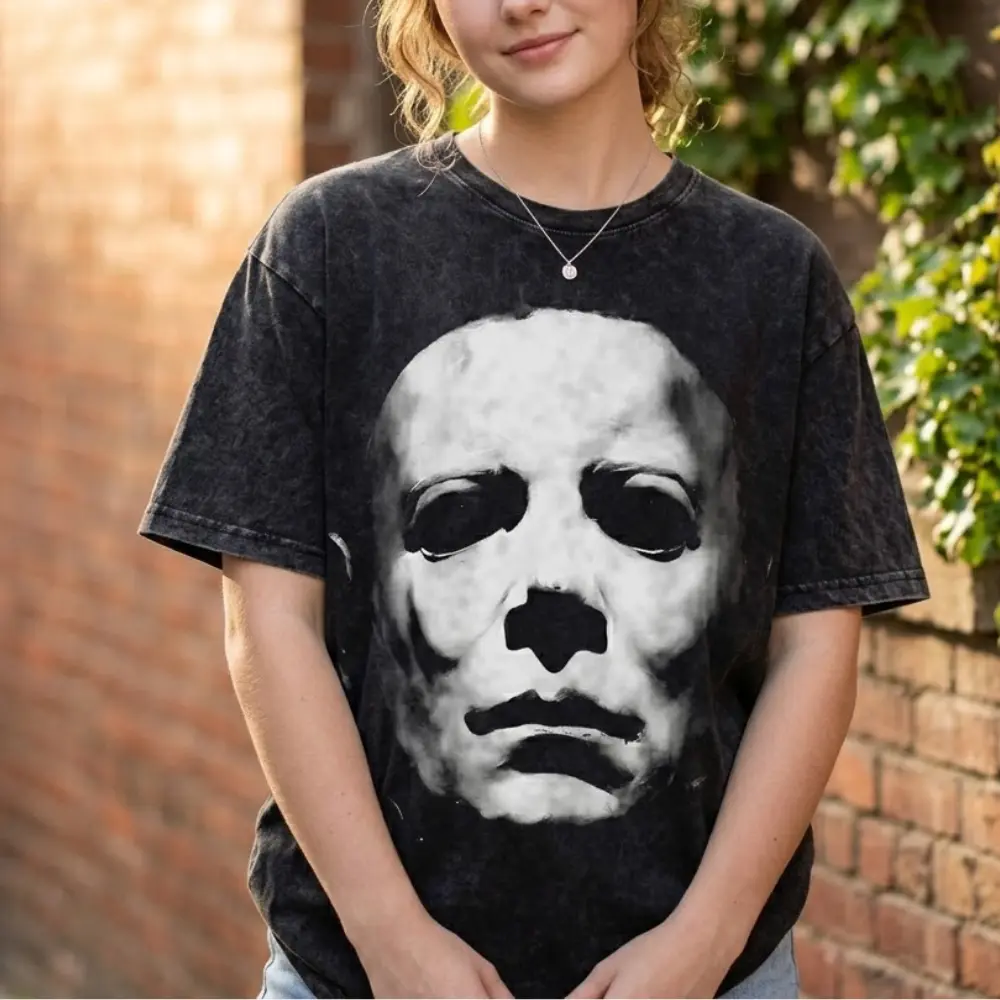 Michael Myers Unisex Washed T-Shirt, Halloween Mask Vintage Graphic Spooky Horror Tee, Horror Movie Fan Gift for Him or Her