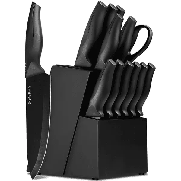13-Piece Kitchen Knife Set with Built-In Sharpener Block, German Stainless Steel Knives, Dishwasher Safe, Black