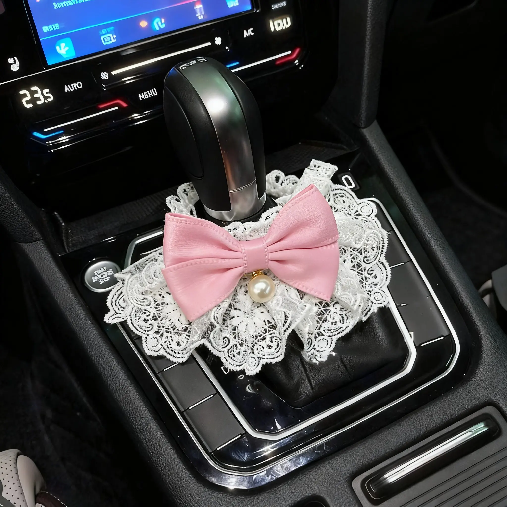 Cute Lace Gear Shift Cover with Pearl and Bow, Decorative Car Interior Shifter Cover, Anti-Dust Sleeve, Girly Style Car Accessory, Car Interior Decoration, Car Interior Accessories