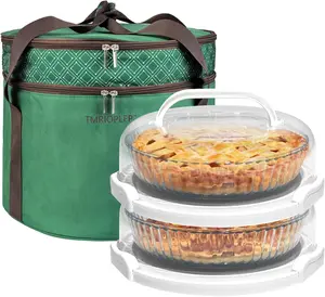 2 Pack Pie with Lids and Handles, Loadable Cupcake or Pizza Containers, Includes Bags and Non-Slip Pads, Perfect for Transportation (Green)