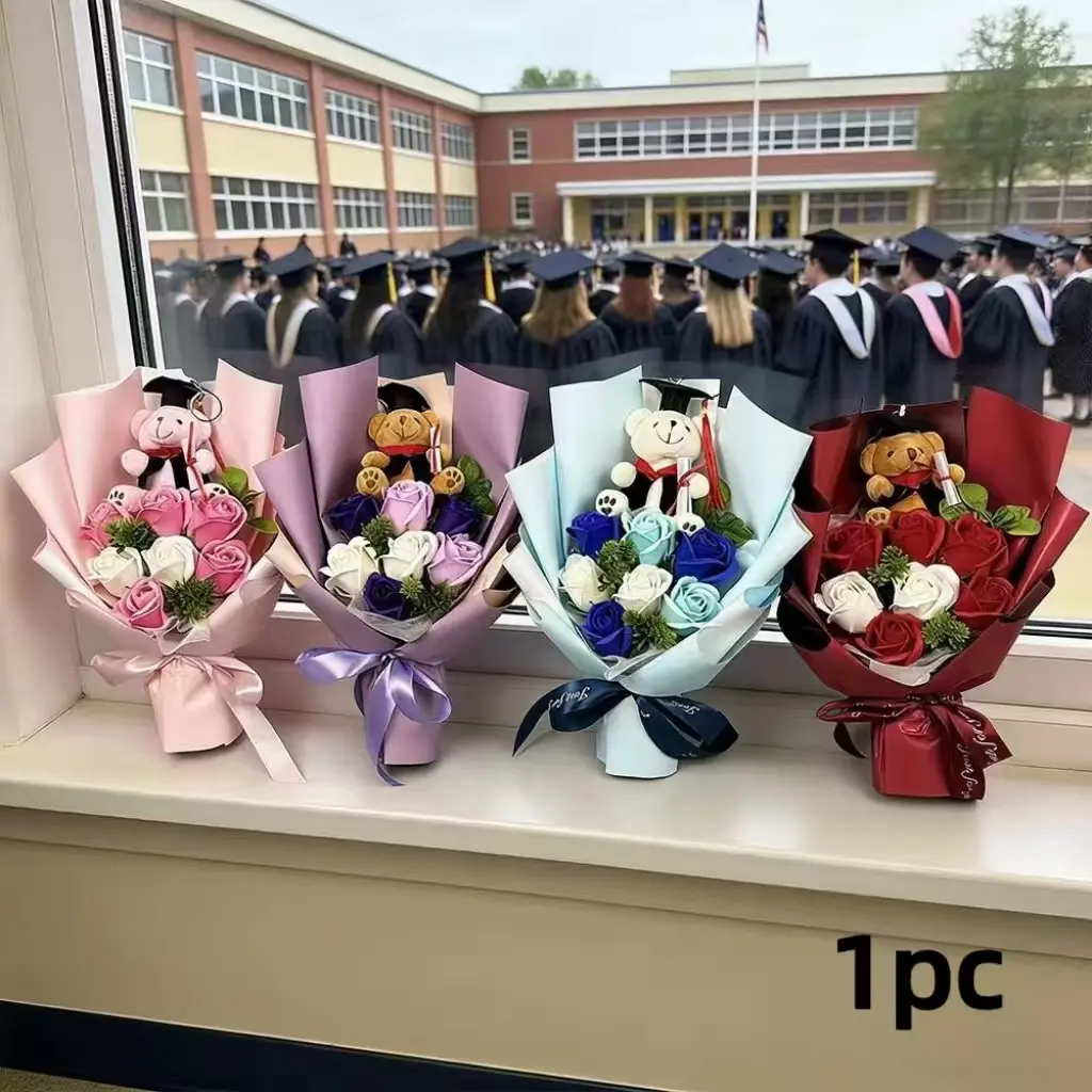 Doctorate Graduation Bouquet, Artificial Fabric Flower Arrangement, Plush Bear Bouquet, Decoration Bouquet, Artificial Flower Decorations, Fake Floral Decor, Faux Floral Decor, Perfect for Graduation Parties, Anniversary Celebrations, Mother's Day Gifts
