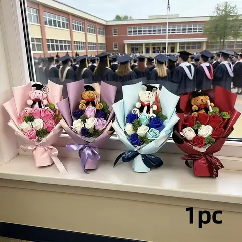 Doctorate Graduation Bouquet, Artificial Fabric Flower Arrangement, Plush Bear Bouquet, Decoration Bouquet, Artificial Flower Decorations, Plastic Flower Decoration, Perfect for Graduation Parties, Anniversary Celebrations, Mother's Day Gifts