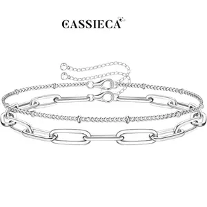 CASSIECA 2pc Silver Clasp 3mm Paperclip Chain Bracelets 18K White Gold Plated Solid Diamond-Cut Paperclip Chain Women Bracelet Adjustable Layered Bracelets for Women, Elegant Jewelry Bracelet, Fashion Matching Bracelet SummerVibes