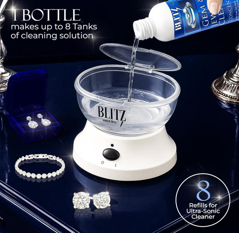 Blitz Gem & Jewelry Cleaner Liquid Concentrate for Gold, Silver, & Platinum Jewelry Cleans Non-Porous, Precious & Semi-Precious Stones. Non-Toxic, Non-Abrasive, & Planet Friendly Made in USA 8oz