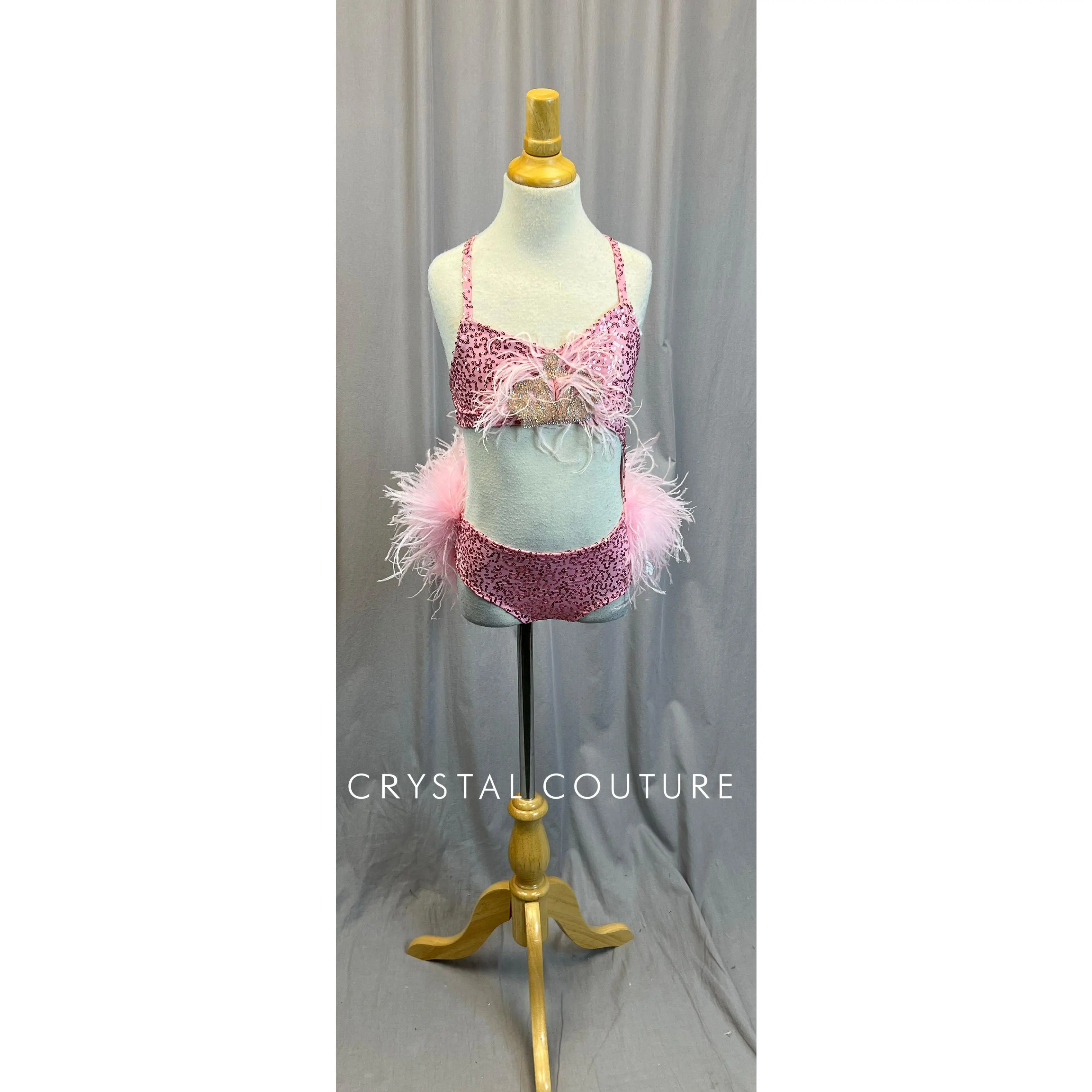 Custom Pink Sequin and Feather Asymetric Leotard