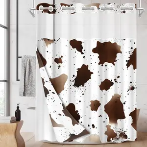 1pc hookless shower curtain with buckle lining, brown and white splatter art pattern design, 2D flat printing, fabric waterproof lining, see-through double-layer shower curtain, 71 x 74 inches, modern home draping curtain.