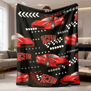 2026 New Flannel Blanket 1Pc With Racing Car Design - Soft Plush Texture, Featuring Red Race Cars On A Black Background With Checkered Flags - Suitable For All Seasons, Ideal For Office, Home