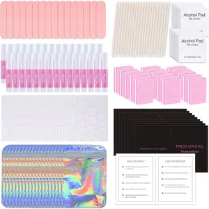 50 Set Press On Nail Tool Prep Kit for Salon Business, Disposable Manicure Kit with Nail File, Buffer, Glue, Prep Pad, Instruction Card, Adhesive Tabs, Wood Stick, Holographic Bag