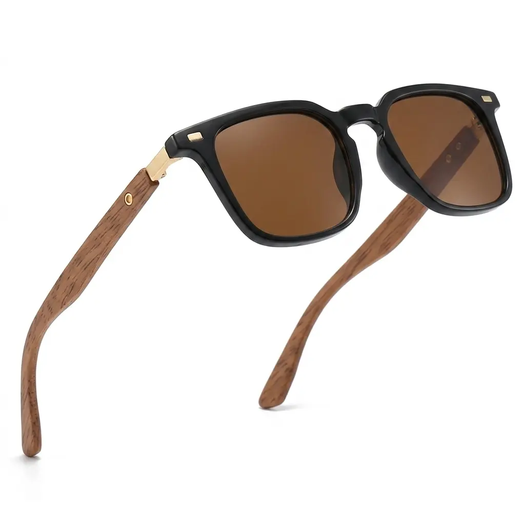 Women's Classic Vintage Wooden Texture Square Sunglasses - Gloss Black Frame with Gold Hinges, Warm Brown Lens Aesthetic Sunnies