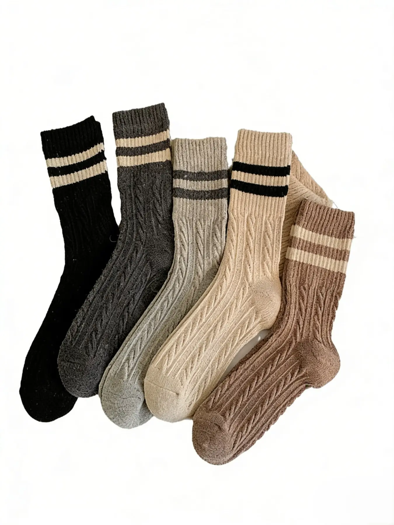 Women's Striped Linen Texture Knee-High Socks, Korean Style Coffee Color Two-Bar Twist Knit, Casual College Wind Pile Socks