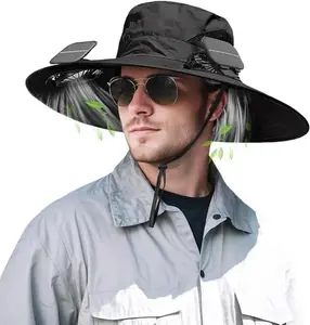 Outdoor Wide Brim Sun Hat with 2 Solar Fan Sun Bucket Hat for Men Women UPF 50+ Bucket Fishing & Beach Hat with Fan Built in