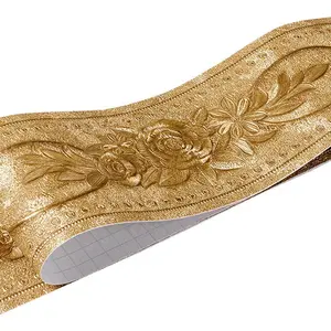 3D Decorative Floral Molding Waterproof Wallpaper Border Peel and Stick for Bathroom Kitchen Counter Top Backsplash Tiles Sticker,4 Inch by 16.4Ft (Gold)