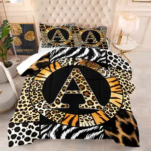 [Comforter Set] 2/3pcs Bold 26 Letter Animal Print Comforter Set | Stylish Leopard & Tiger Stripes Bedding Set for Twin/Full/Queen/King Sizes, Cozy Modern Decor Perfect for Wildlife Lovers and Trendy Bedroom MakeoverPillow Insert Not Included