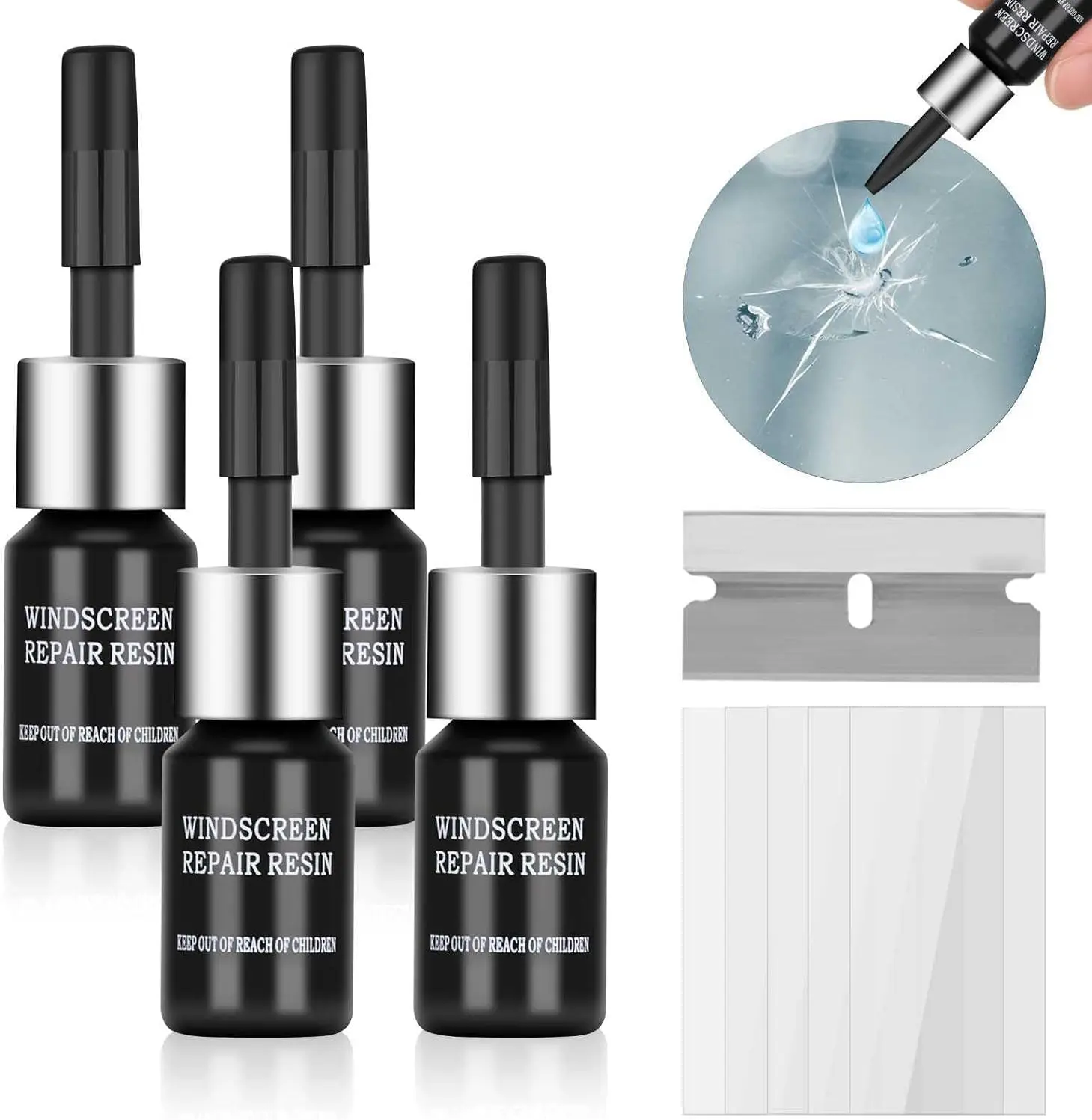 Car Windshield Repair Kit - 4pcs Repair Kit for Windshield Chip Cracks, Nano Glass Repair Fluid, Star-Shaped Crack, No Warranty