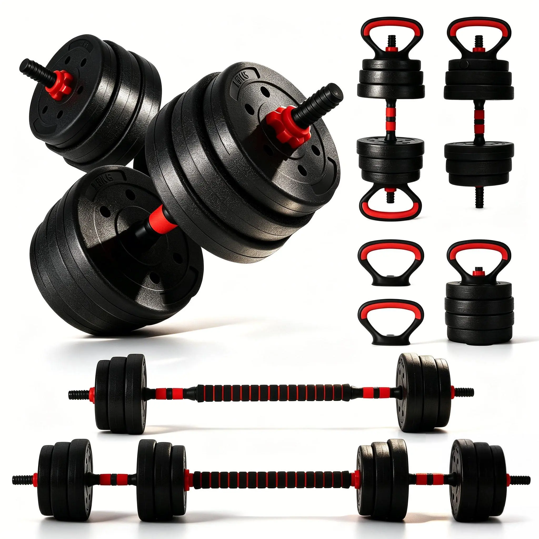 Adjustable Dumbbell Set, 44lbs Free Weights Set with Foam Connecting Rod, 7 in 1 Weight Set Used As Kettlebells, Barbell, Push Up Stand, Fitness Exercise for Home Gym Suitable Men/Women
