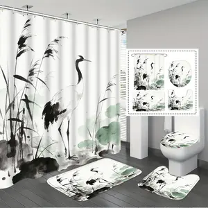Mandarin Duck Bamboo Shower Curtain Set, High-Quality Bathroom Accessories, Includes 12 Hooks, Non-Slip Mat, Toilet Pad, U-Shaped Pad