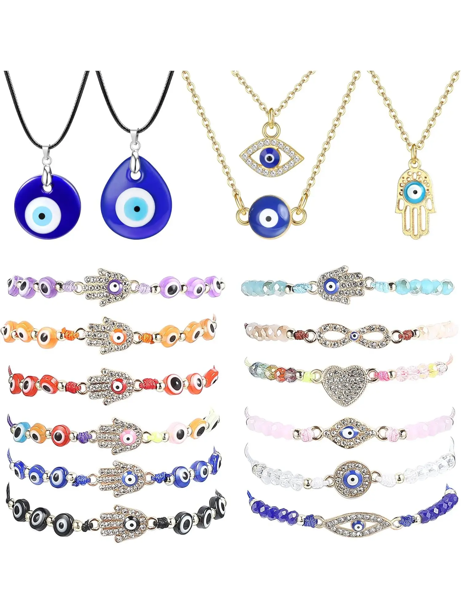 17 Pcs Evil Eye Bracelets Necklaces Set Mexican Braclets Pack Mal De Ojo Bracelets Necklaces Protection Amulet Bracelets Jewelry Gift for Women Men Beaded Bracelet Set Jewelry Sets