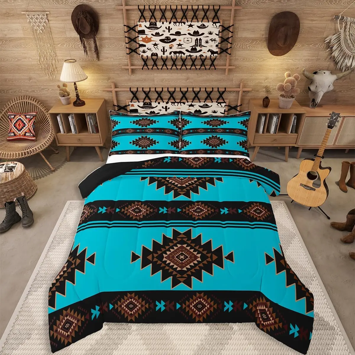Western Aztec Comforter Set,Native American Navajo Bedding Set Adult,Southwestern Geometric Quilt Ethnic American Native Duvet Insert Rustic Farmhouse Decor,Blue