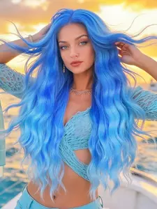 Long Blue Wavy Wigs for Women Middle Part Ombre Blue Wig 26 inch Natural Curly Synthetic Wig Heat Resistant Fiber Wigs for Daily Party Use
