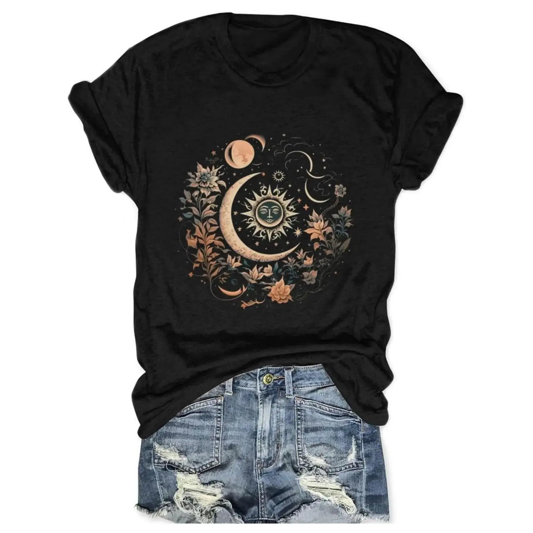 Women Mystical Moon and Sun Flower Shirt Vintage Wildflower T Shirts Boho Graphic Tees Short Sleeve Celestial Moon Tops # Mother's Day Gift # streetwear tees # Printed T-shirt