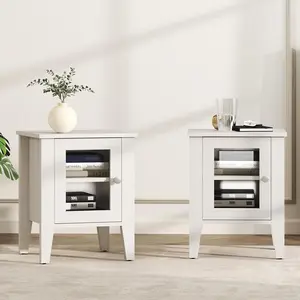 EBELLO Set of 2 Modern White End Tables with Acrylic Door – Side Tables with Storage Shelf and Cabinet for Living Room, Bedroom, Small Spaces, Minimalist Nightstands with Open and Closed Storage
