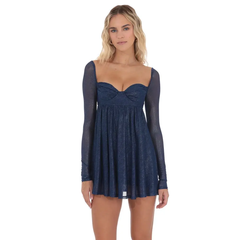 Foil Long Sleeve Babydoll Dress in Navy - TikTok Shop