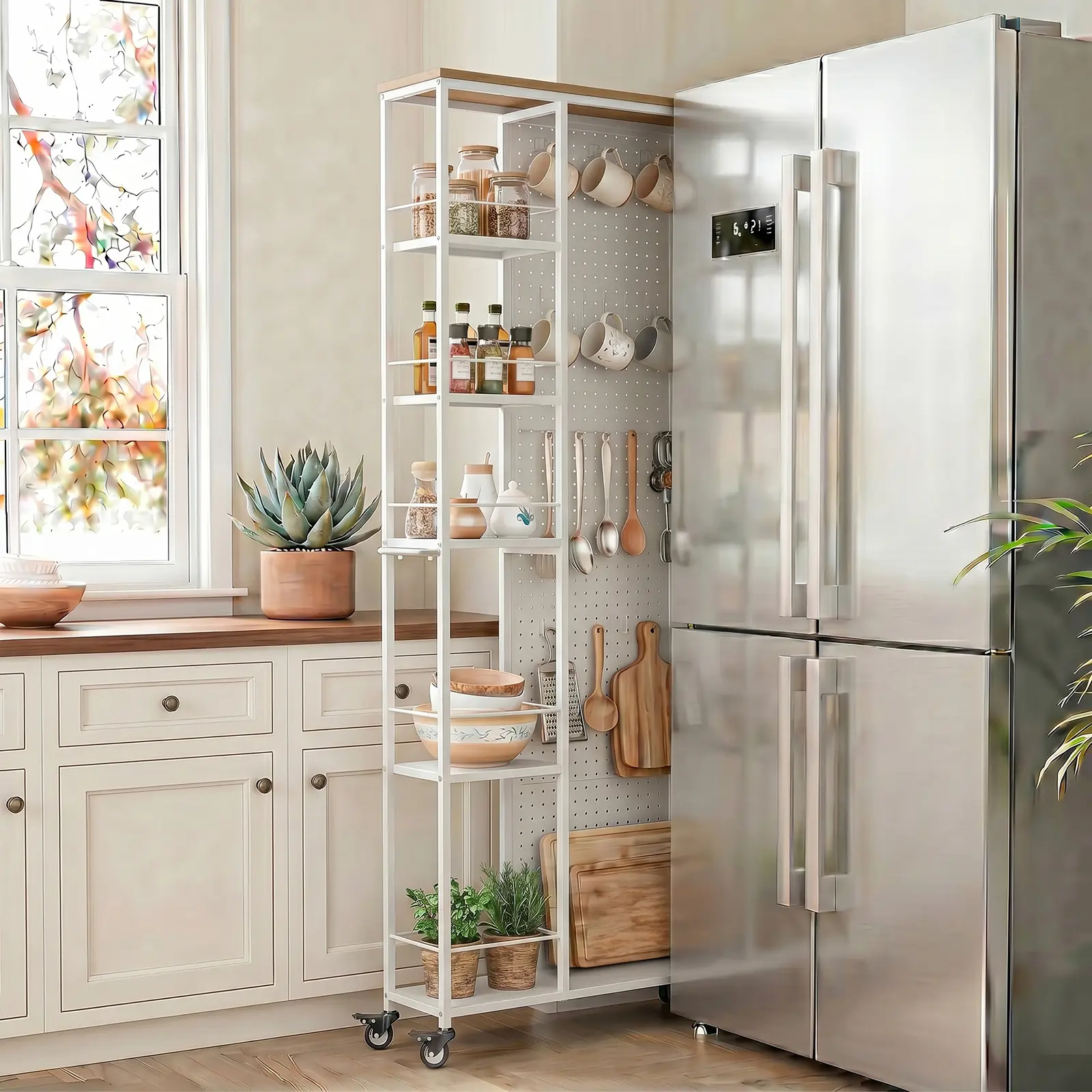 Narrow Rolling Pegboard Storage Cart - 68.7" Slim Refrigerator Gap Organizer with Dual-Sided Pegboard, Lockable Wheels for Kitchen, Laundry