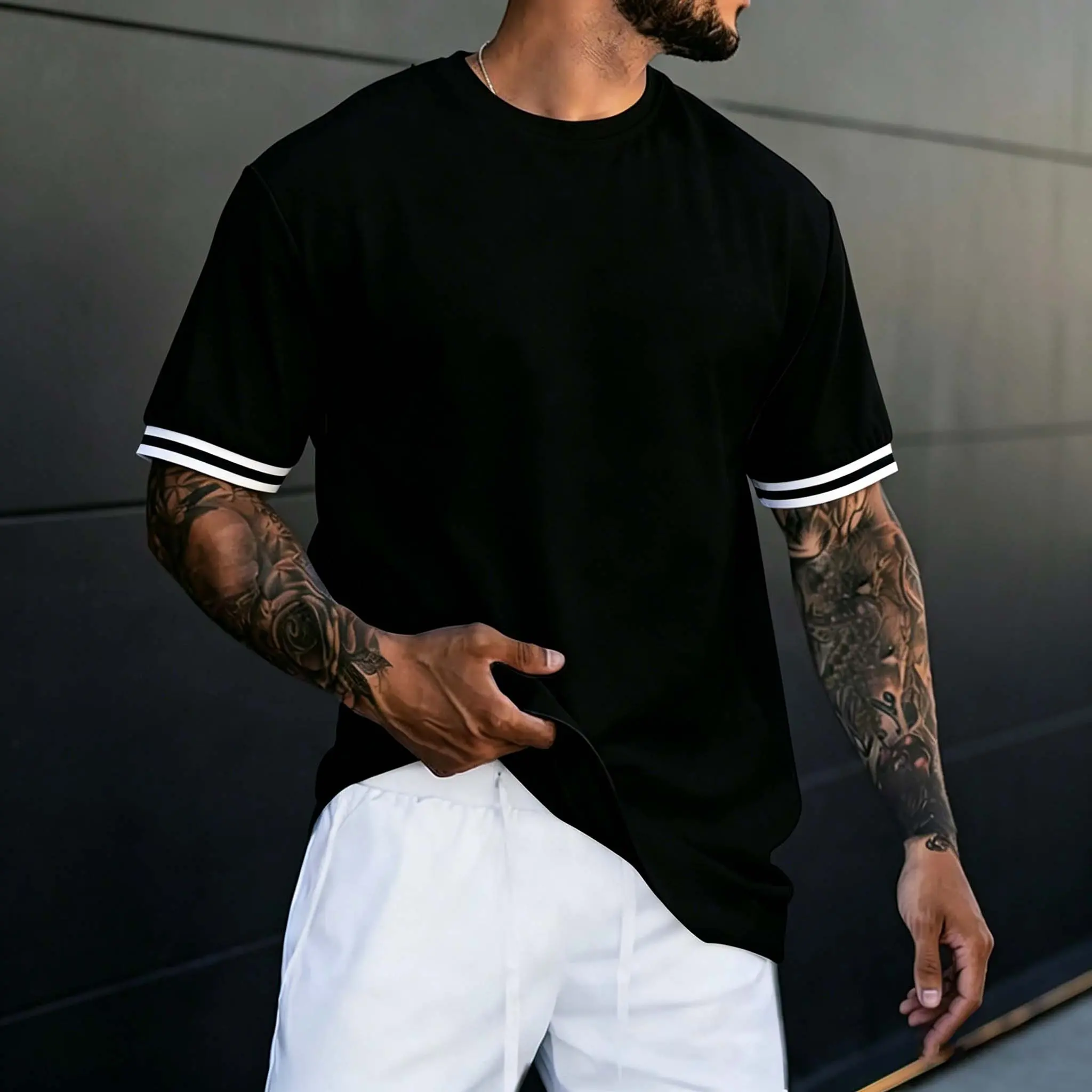 Men's Regular Fit Striped Trim Half Sleeve Tee, Casual T-shirt for Summer, Fashion Men's Top for Daily Wear
