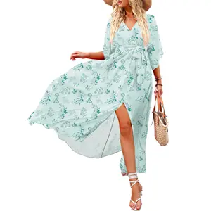 ANRABESS Women’s Summer Loose Kimono Maxi Dress Wrap V Neck 3/4 Sleeve Floral Print Slit Long Dresses