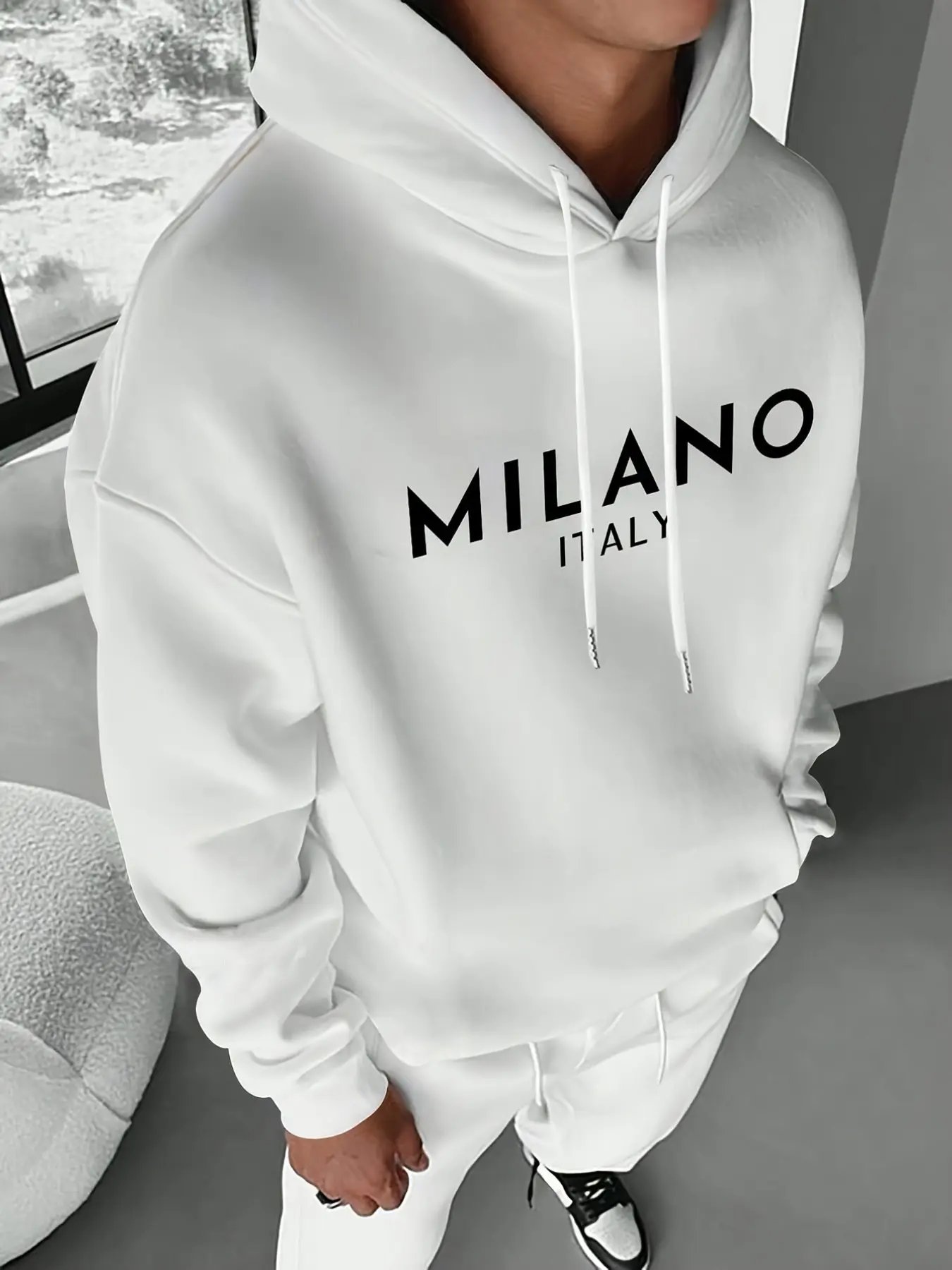 Men's Milano Italy Oversized Long Sleeve Hoodie, Minimalist Graphic Pullover, Fitted Casual Hooded Top with Drawstring, Sporty Style, Casual Sporty Hoodies, Sweatshirts