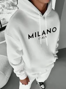Men's Milano Italy Oversized Hoodie, Minimalist Graphic Pullover, Fitted Casual Hooded Top with Drawstring, Sporty Style