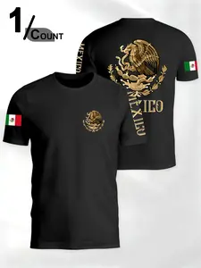 Men's Casual Round Neck Short Sleeve T-Shirt, Mexican Cultural Theme Emblem Print Design, Fashion Pattern Top, Suitable for Sports Daily Wear