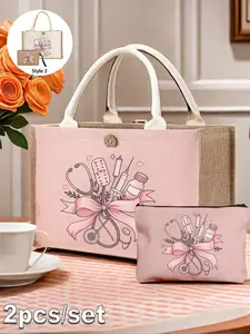 Nurse Theme Pink Handbag Tote Bag and Cosmetic Bag Set, Casual Style, Fabric Structure, Stethoscope, Heart, Syringe, Thermometer, Pills Pattern Printing, Suitable for Back to School Season, Vacation Travel Outing Shoulder Bag Handbag